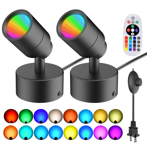 iCreating LED Spotlight Indoor - RGBW Uplighting Indoor Color Changing with Remote for Plants 12W Small tree Spot Lights Mini Stage Lights Plug in Floor Light Uplights for Christmas Halloween (2 Pack, Black)