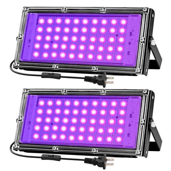 50W Black Lights for Glow Party - Indoor Strong High Power Black Light Flood Light 395nm UV Blacklight Floodlight Purple Black Light Spotlight Fluorescent UV Light for Halloween (2 Pack)