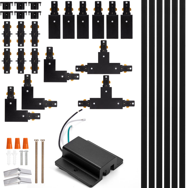 H Track Lighting Rails Kit - iCreating 20ft Black Track Lighting Track 3 Wire with Floating Canopy Connector, L Connector, I and T Connector for Single Circuit H Type LED Track Lighting Heads Fixtures