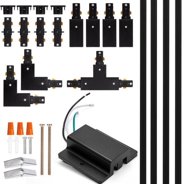 H Track Lighting Rails Kit - iCreating 13ft Black Track Lighting Track 3 Wire with Floating Canopy Connector, L Connector, I and T Connector for Single Circuit H Type LED Track Lighting Heads Fixtures