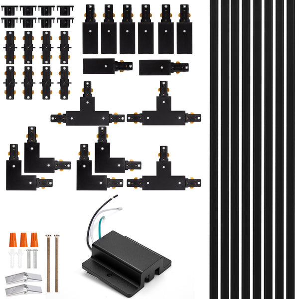 H Track Lighting Rails Kit - iCreating 26ft Black Track Lighting Track 3 Wire with Floating Canopy Connector, L Connector, I and T Connector for Single Circuit H Type LED Track Lighting Heads Fixtures