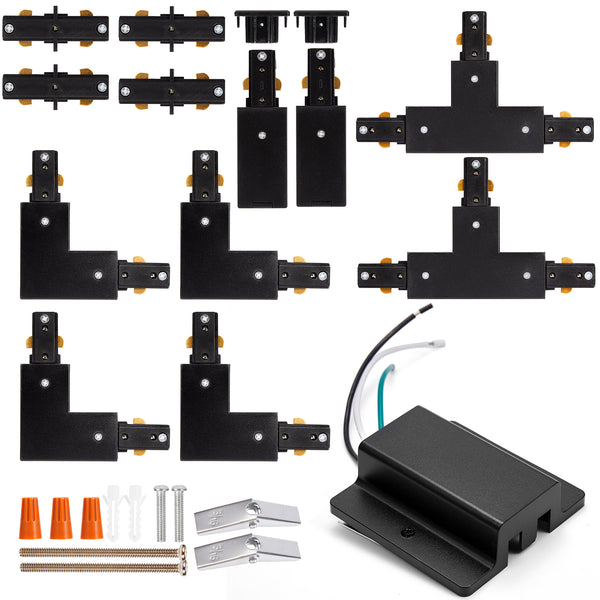 H Track Lighting Connector Kit - iCreating Black H Track Lighting Rails Connectors, 3 Wire Track Lighting Fixtures Accessories All in One Kit for Single Circuit H Type LED Track Lighting Heads System