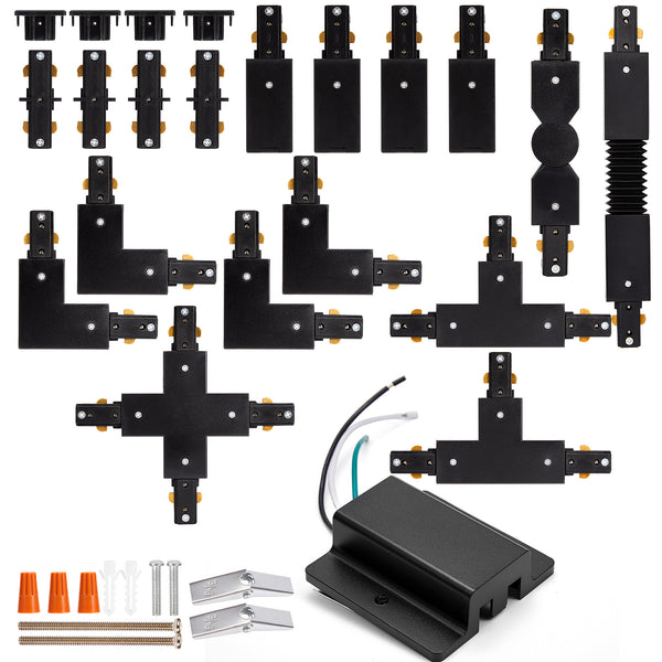 H Track Lighting Connector Kit - iCreating Black H Track Lighting Rails Connectors, 3 Wire Track Lighting Fixtures Accessories All in One Kit for Single Circuit H Type LED Track Lighting Heads System