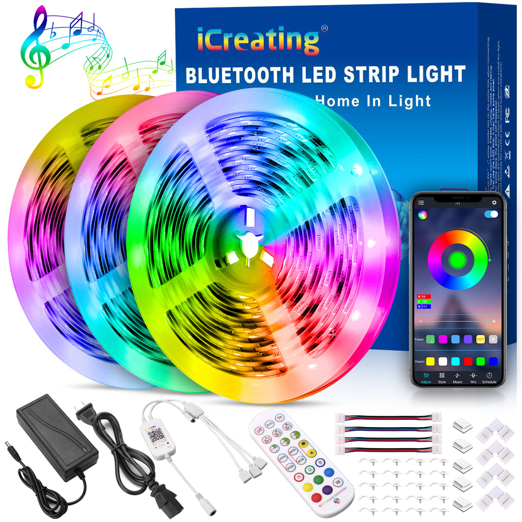 50Ft/15M Bluetooth RGB LED Strip Lights - Music Sync LED Light Strip  Controlled by Smart Phone APP - 450LEDs RGB LED Light Strips Full Kit with  Remote